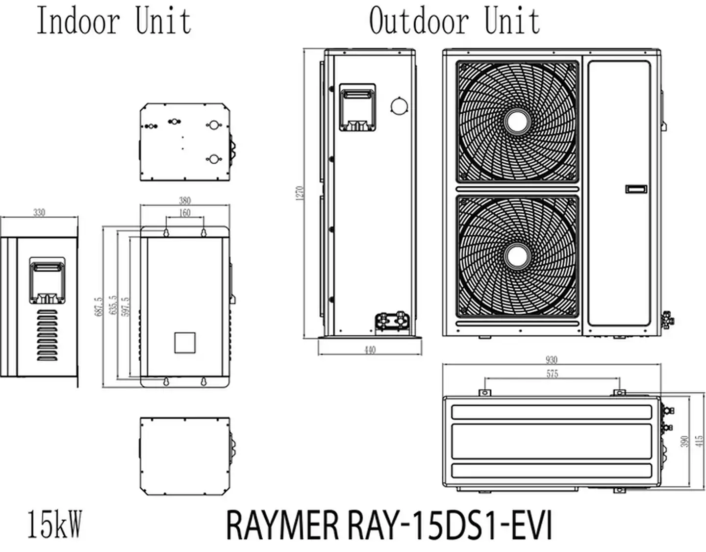 Тепловий насос повітря-вода Raymer RAY-15DS1-EVI на 15 кВт, інвертор до -30°C, спліт-система до 150 кв.м. 220в