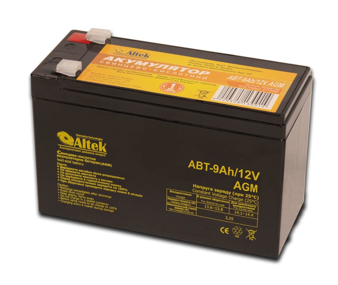 Акумулятор Altek ABT-9Аh/12V AGM для систем безперебійного живлення та сонячних батарей