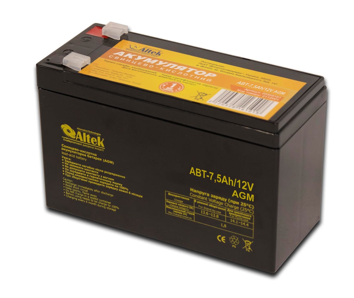Акумулятор Altek ABT-7,5Аh/12V AGM для систем безперебійного живлення та сонячних батарей
