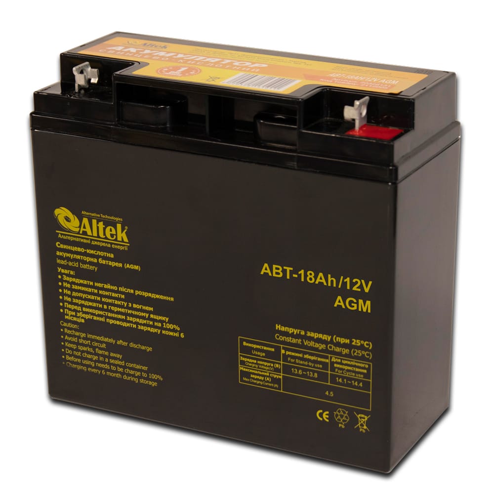 Акумулятор Altek ABT-18Аh/12V AGM для систем безперебійного живлення та сонячних батарей