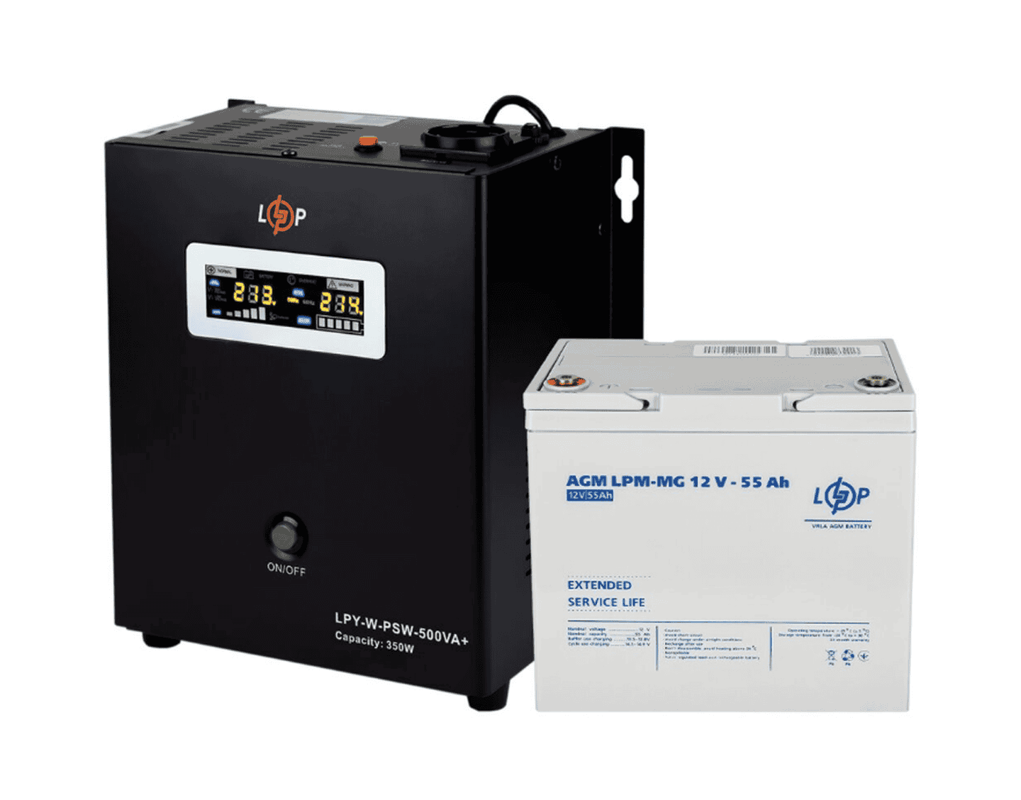 Комплект резервного живлення (UPS W500 + АКБ MG 660Wh) для котла LogicPower ДБЖ (12V LPY-W-PSW-500VA+(350Вт)5A/10A)+ мультигелева батарея (LPM-MG 12V – 55 Ah)