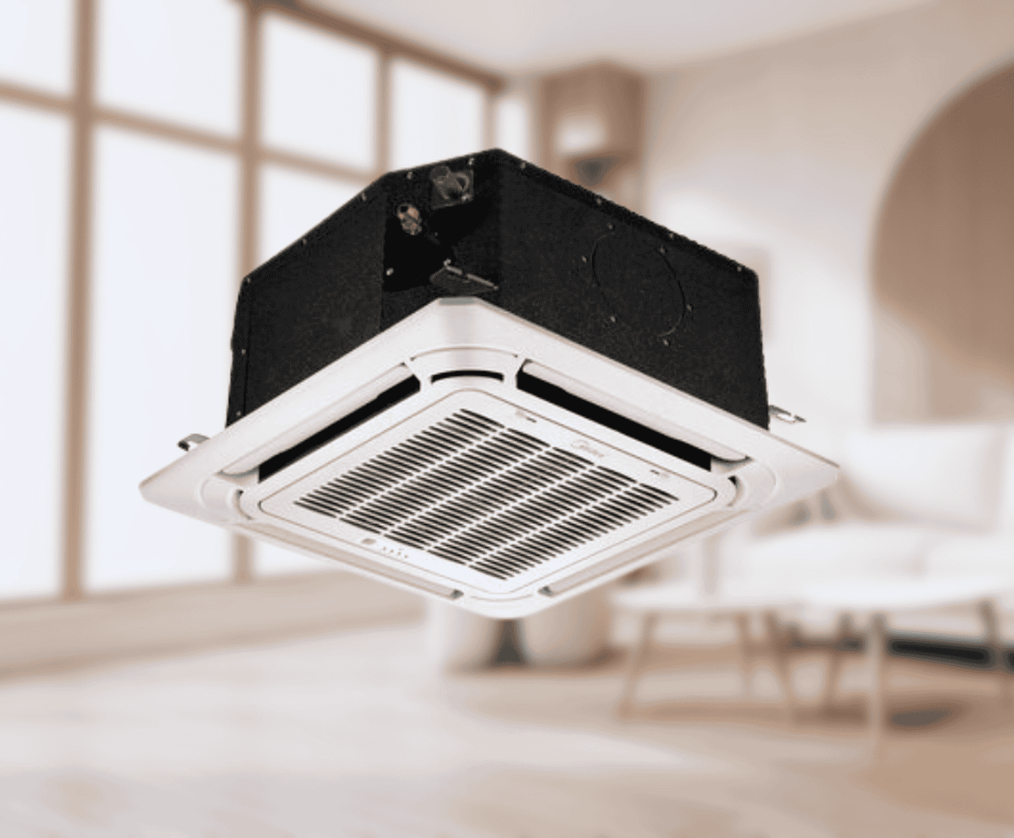 Кассетный фанкойл Midea MKA-1200R (10,4 кВт), площадь до 120 м², четырехсторонний с дренажным насосом (панель T-MBQ4-03B1 + пульт ДУ в комплекте)